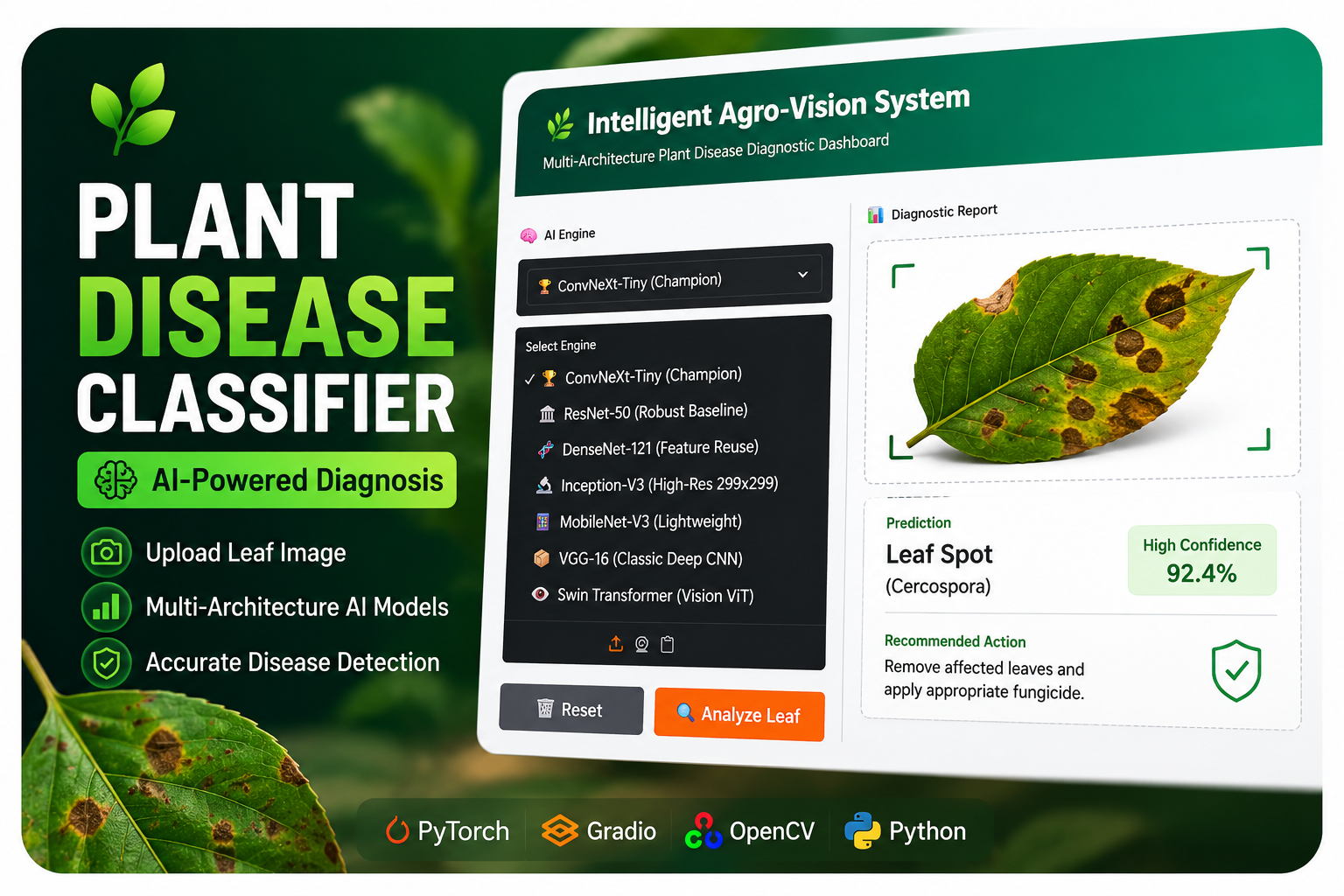 Plant Disease Classifier — Gradio interface showing leaf image analysis